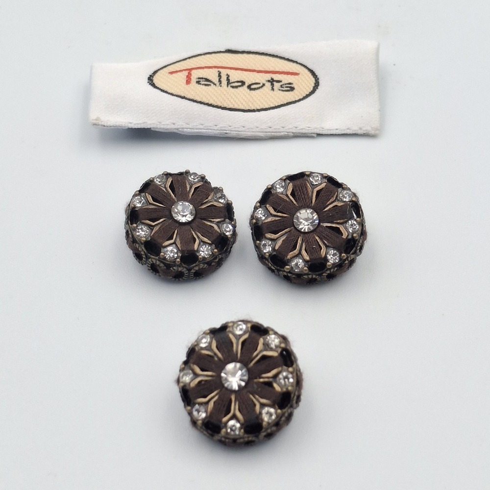 Talbots Brown Clear Rhinestones Plastic Metal Round Shank Buttons Lot‎ of 3